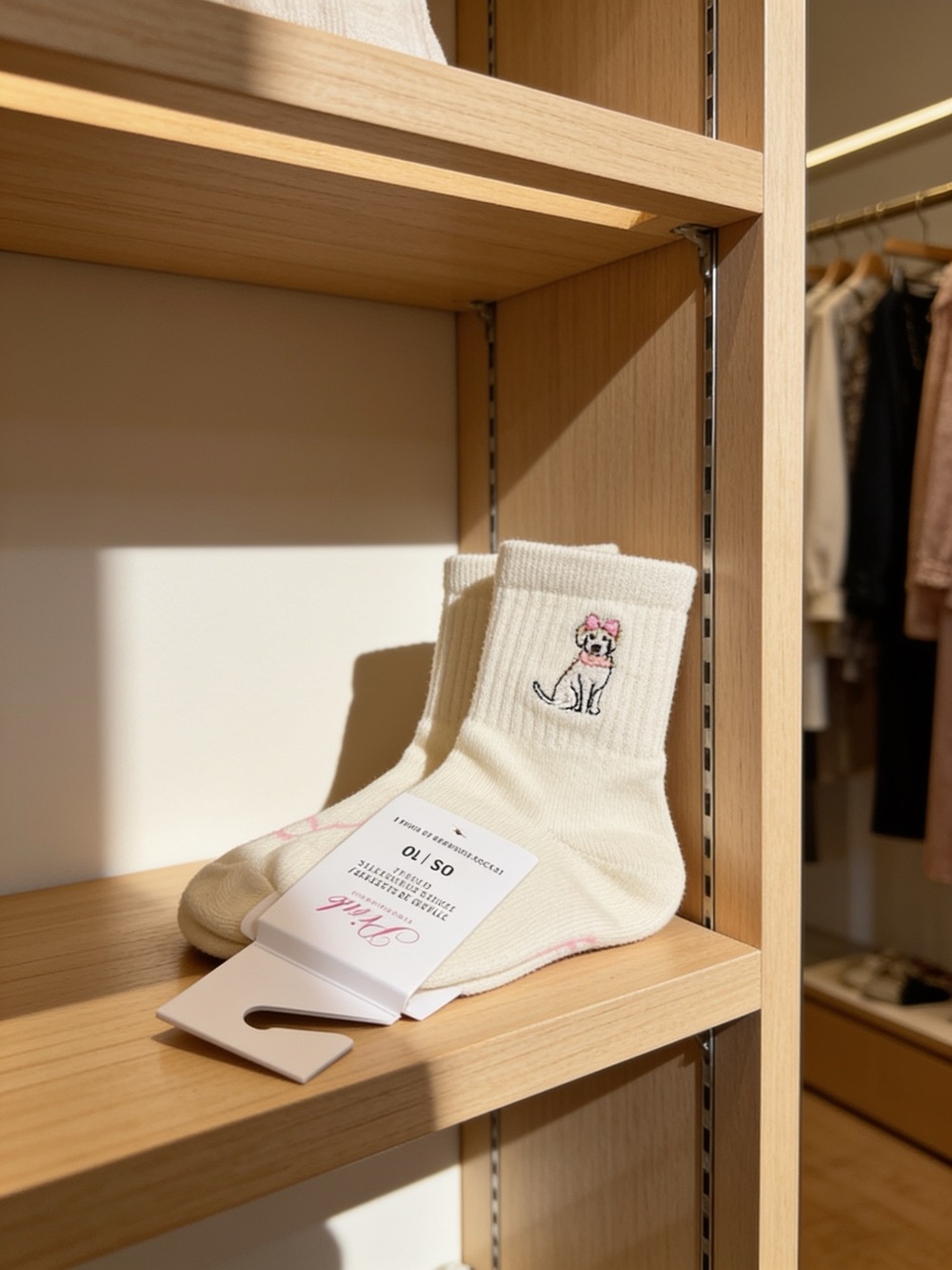 PINK Victoria's Secret Cream Crew Socks with Pink-Accented Cat Embroidery